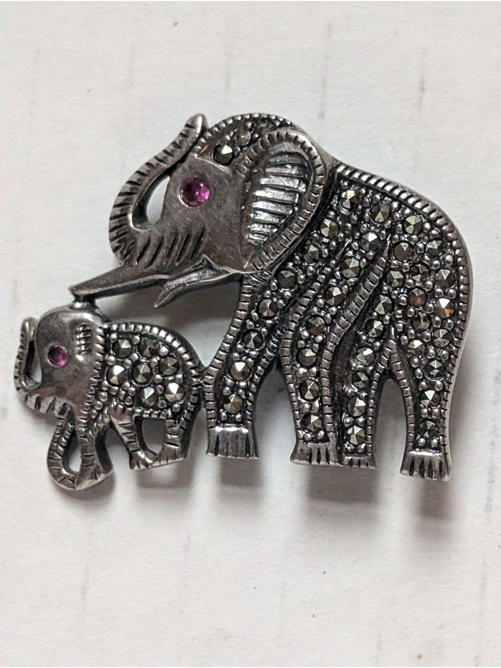Vintage Sterling Signed 925 Mother and Baby Elephant Marcasite Garnet Pin Brooch
